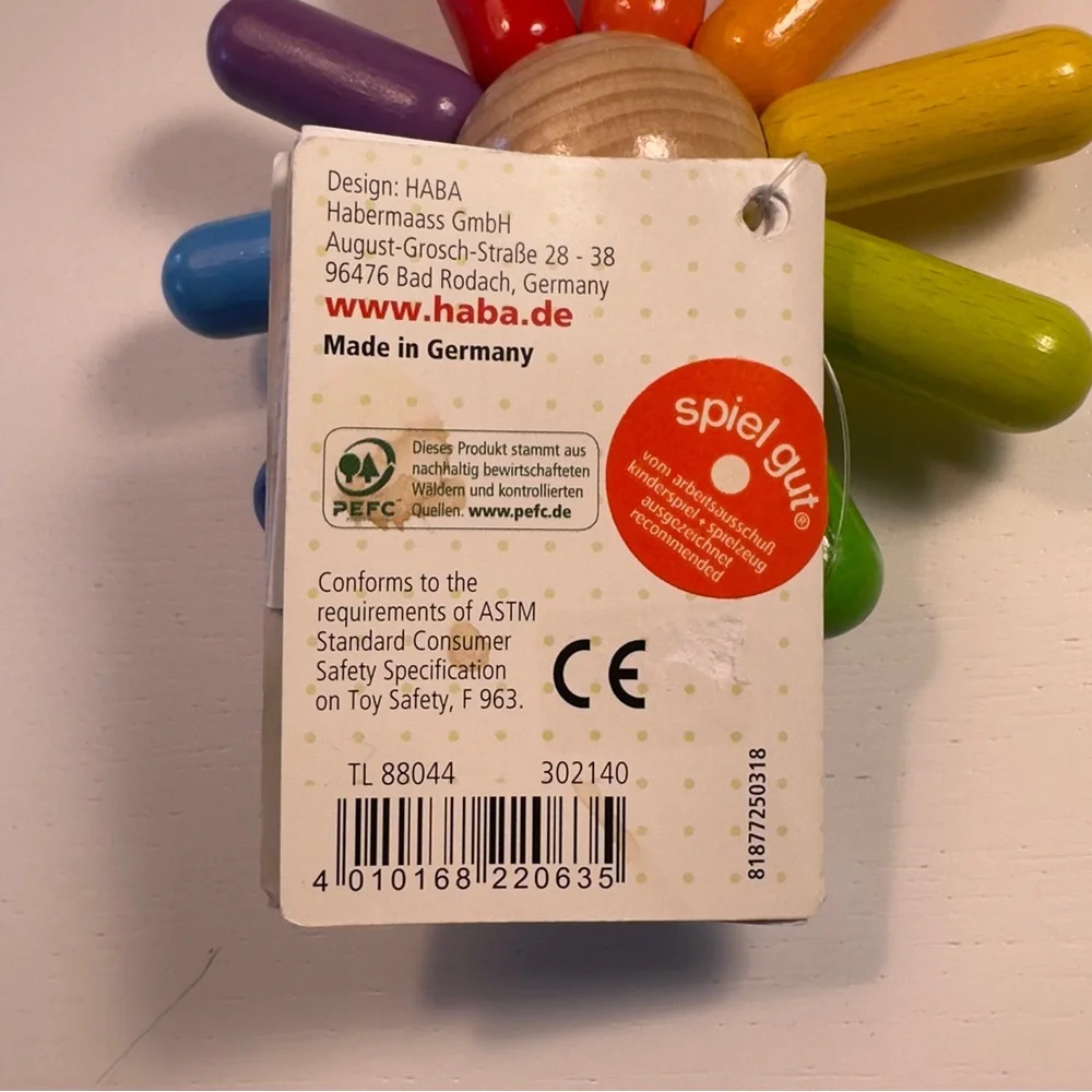 Haba - Rainbow Sun Wooden Clutching Toy Rattle & Teether 6 months and up